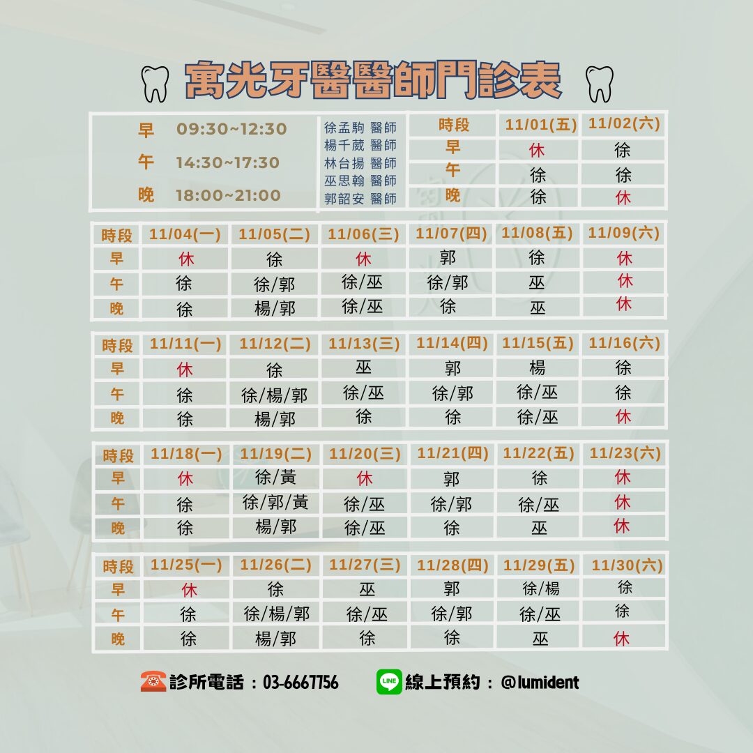 Read more about the article 11 月醫師班表及休診公告