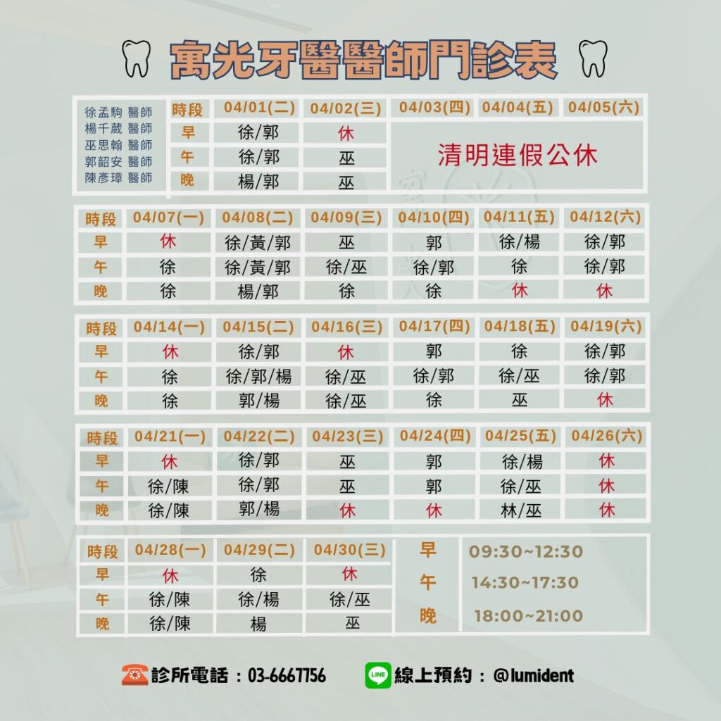 四月份醫師班表